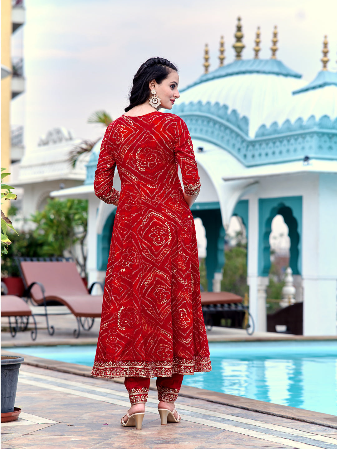 Embroidered & Bandhani Printed Flared Kurta With Pant & Printed Dupatta, Red - Hiral Fashion | Grocsy