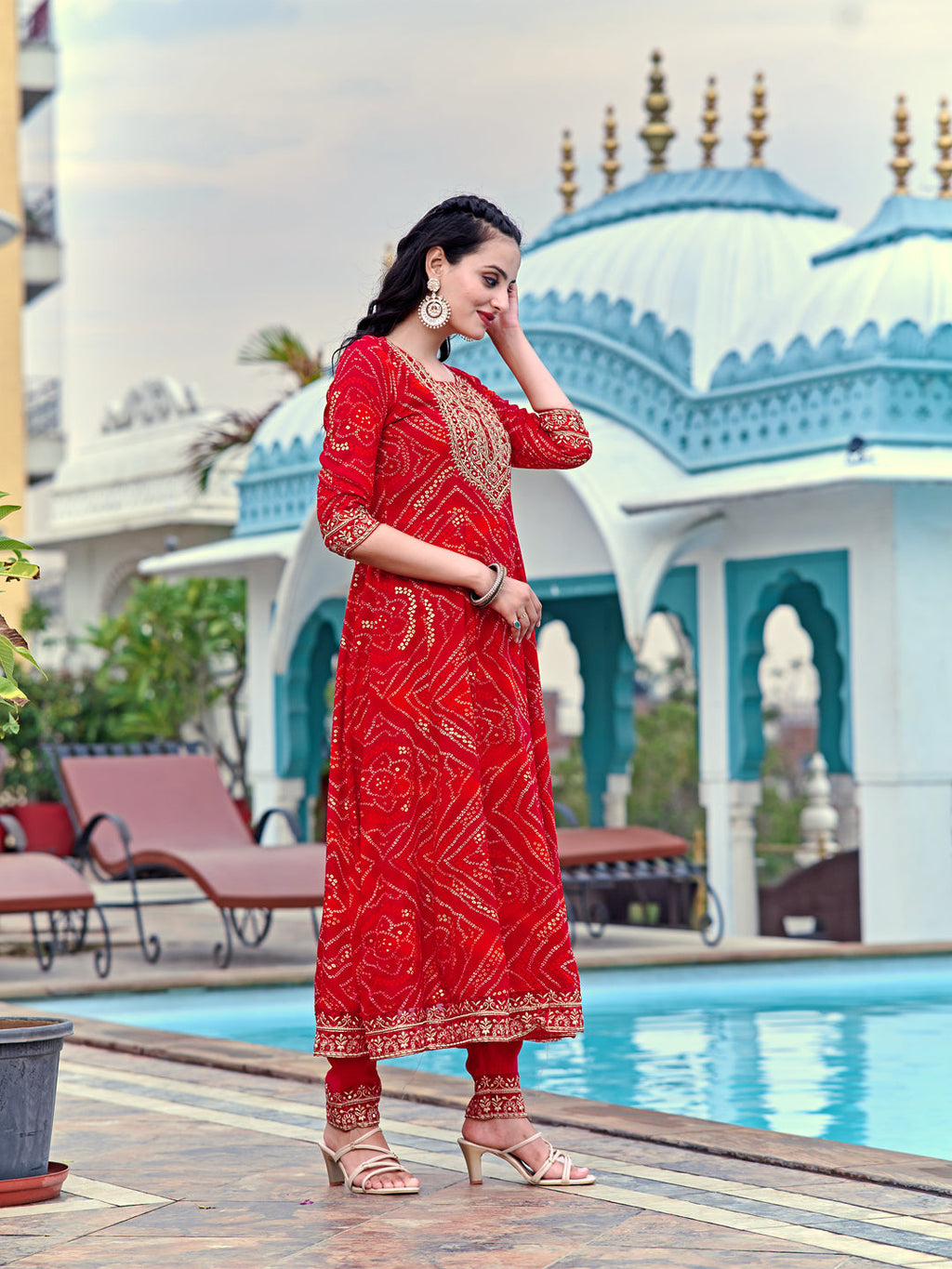 Embroidered & Bandhani Printed Flared Kurta With Pant & Printed Dupatta, Red - Hiral Fashion | Grocsy