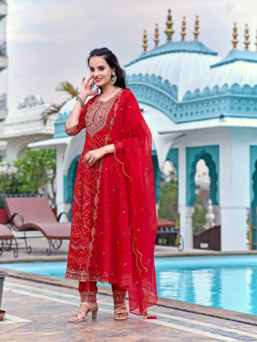 Embroidered & Bandhani Printed Flared Kurta With Pant & Printed Dupatta, Red - Hiral Fashion | Grocsy