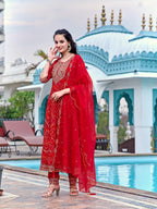 Embroidered & Bandhani Printed Flared Kurta With Pant & Printed Dupatta, Red - Hiral Fashion | Grocsy