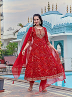 Embroidered & Bandhani Printed Flared Kurta With Pant & Printed Dupatta, Red - Hiral Fashion | Grocsy