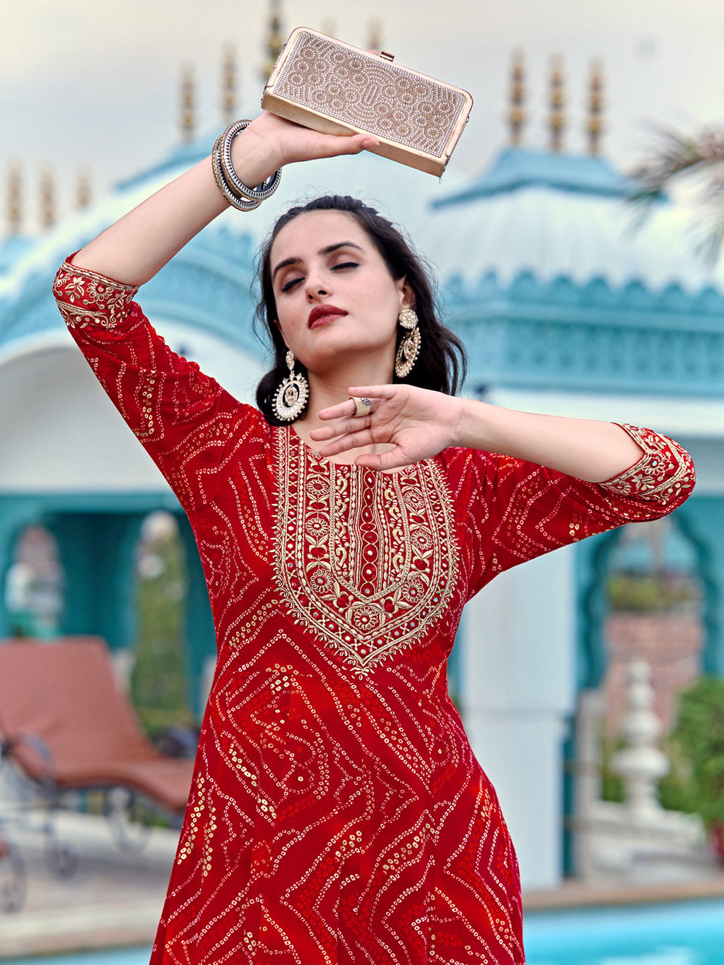 Embroidered & Bandhani Printed Flared Kurta With Pant & Printed Dupatta, Red - Hiral Fashion | Grocsy