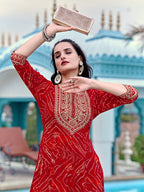 Embroidered & Bandhani Printed Flared Kurta With Pant & Printed Dupatta, Red - Hiral Fashion | Grocsy