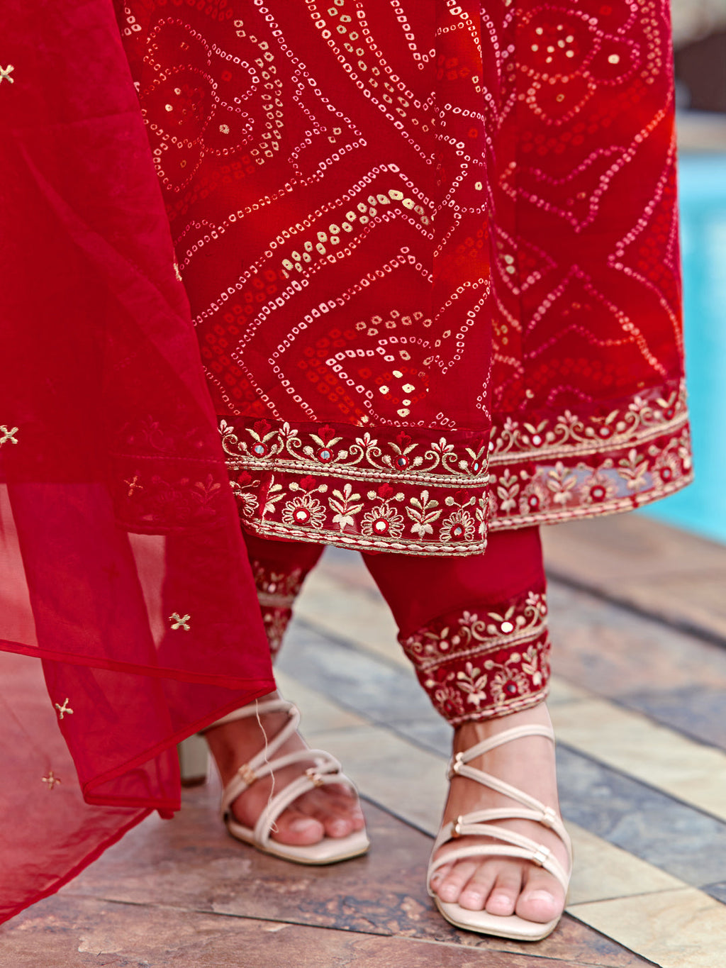 Embroidered & Bandhani Printed Flared Kurta With Pant & Printed Dupatta, Red - Hiral Fashion | Grocsy