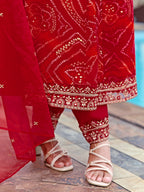 Embroidered & Bandhani Printed Flared Kurta With Pant & Printed Dupatta, Red - Hiral Fashion | Grocsy