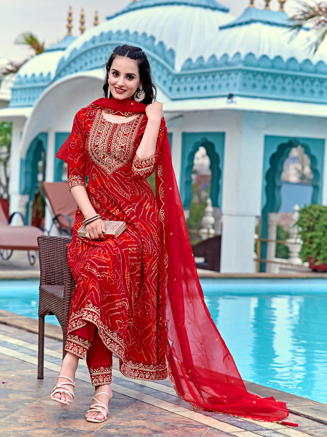 Embroidered & Bandhani Printed Flared Kurta With Pant & Printed Dupatta, Red - Hiral Fashion | Grocsy