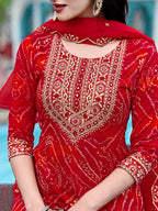 Embroidered & Bandhani Printed Flared Kurta With Pant & Printed Dupatta, Red - Hiral Fashion | Grocsy