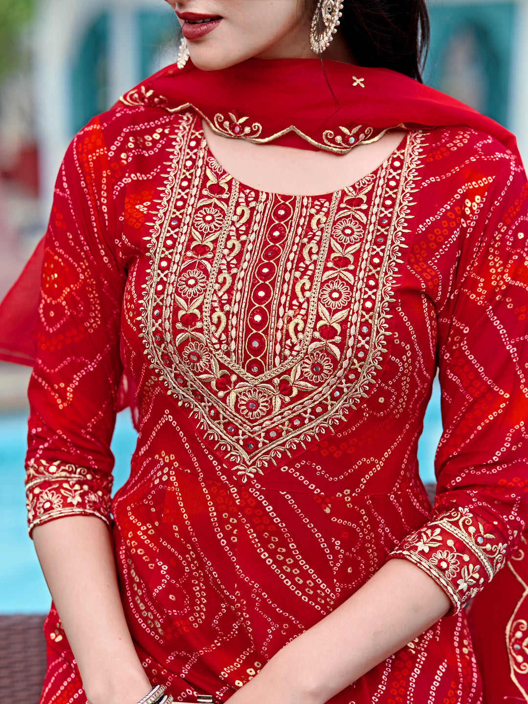 Embroidered & Bandhani Printed Flared Kurta With Pant & Printed Dupatta, Red - Hiral Fashion | Grocsy