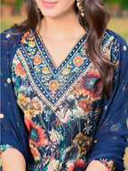 Embroidered & Floral Printed Kurta With Pant & Embroidered Dupatta, Navy Blue - Hiral Fashion | Grocsy