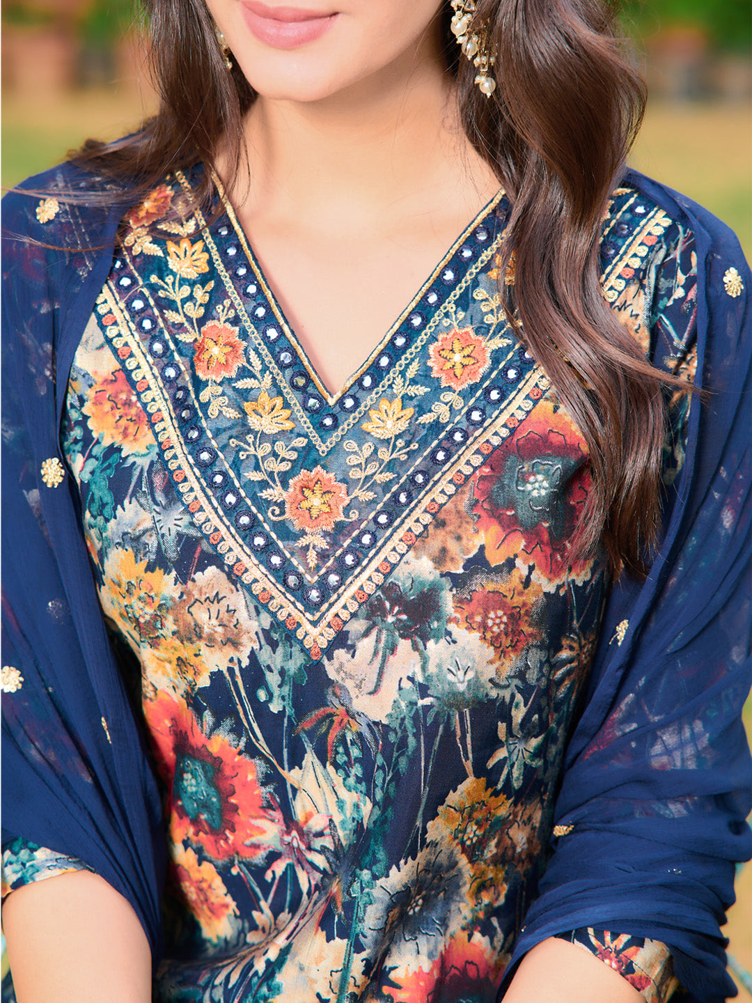 Embroidered & Floral Printed Kurta With Pant & Embroidered Dupatta, Navy Blue - Hiral Fashion | Grocsy
