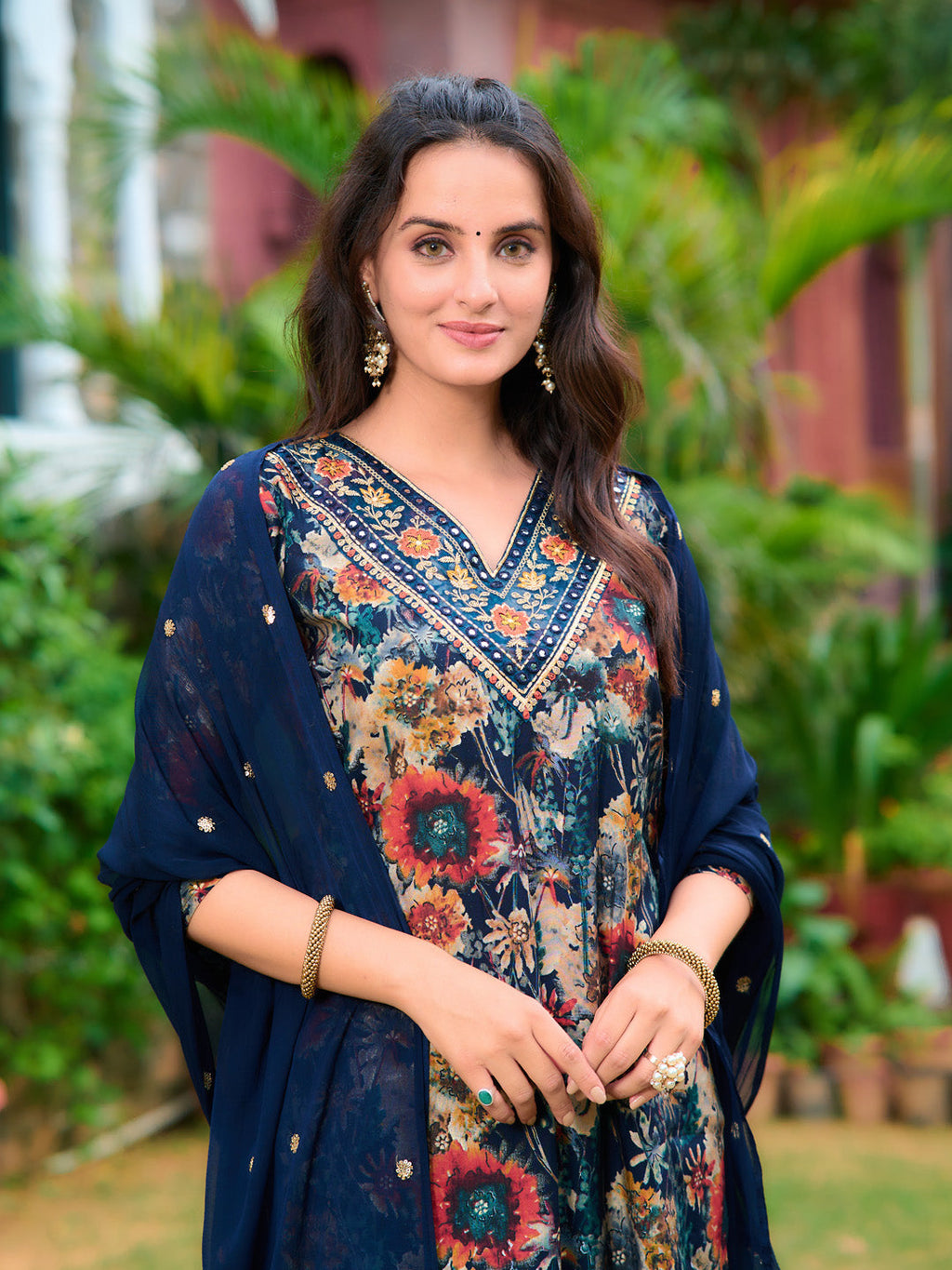Embroidered & Floral Printed Kurta With Pant & Embroidered Dupatta, Navy Blue - Hiral Fashion | Grocsy