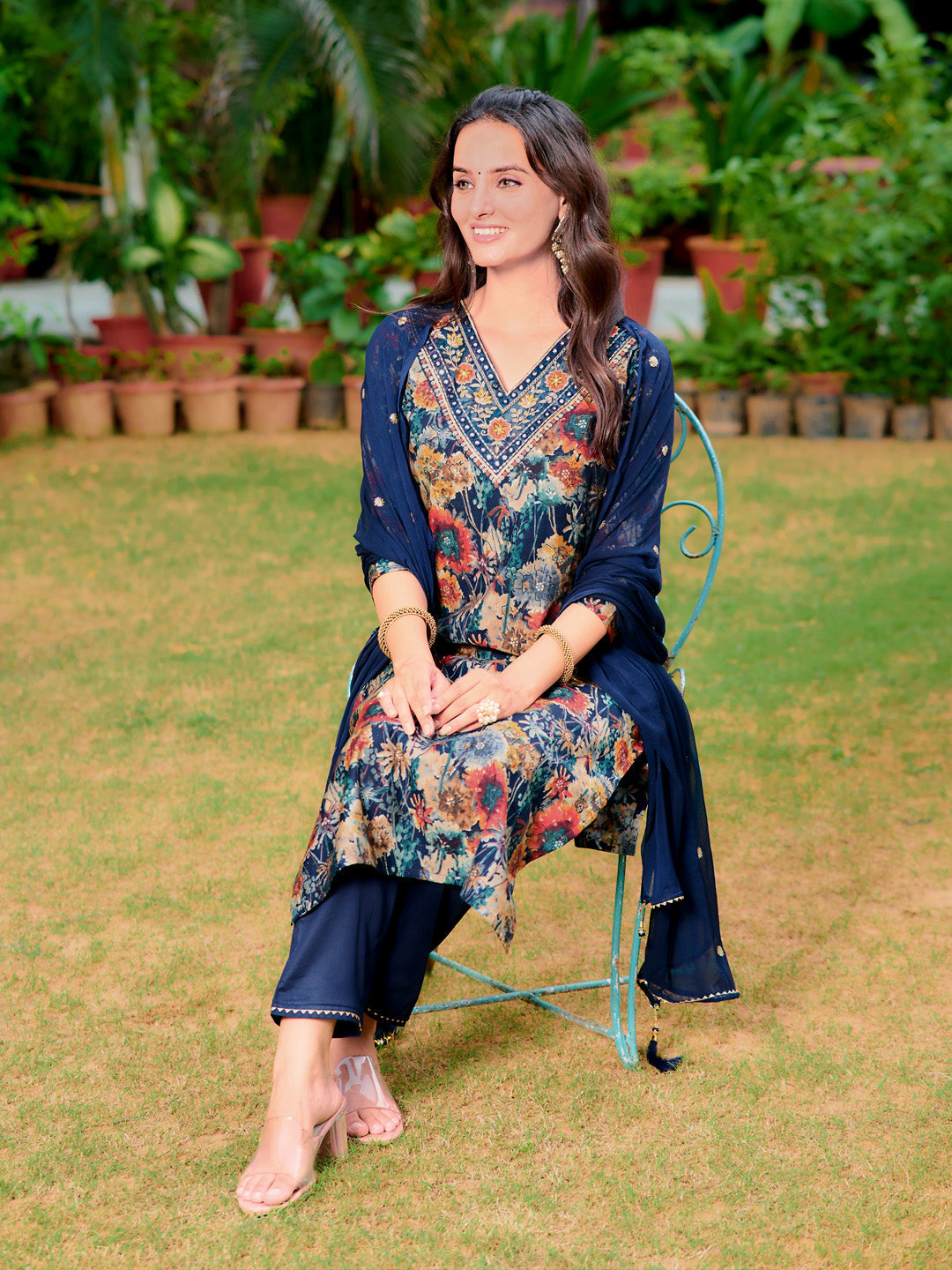 Embroidered & Floral Printed Kurta With Pant & Embroidered Dupatta, Navy Blue - Hiral Fashion | Grocsy