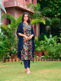 Embroidered & Floral Printed Kurta With Pant & Embroidered Dupatta, Navy Blue - Hiral Fashion | Grocsy