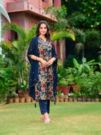 Embroidered & Floral Printed Kurta With Pant & Embroidered Dupatta, Navy Blue - Hiral Fashion | Grocsy