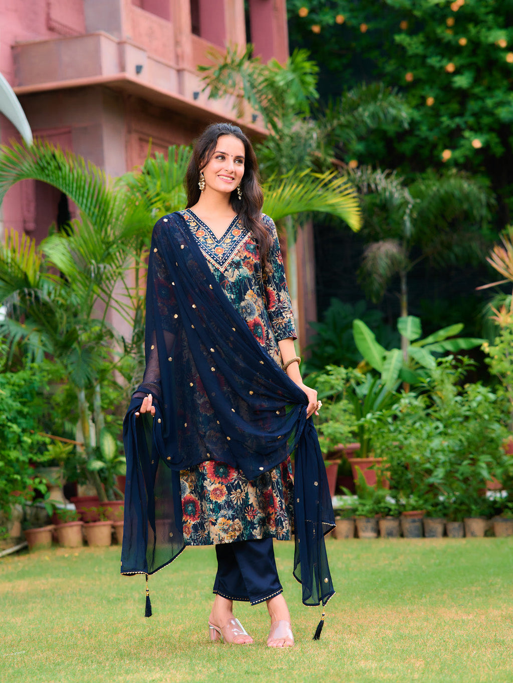Embroidered & Floral Printed Kurta With Pant & Embroidered Dupatta, Navy Blue - Hiral Fashion | Grocsy