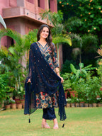 Embroidered & Floral Printed Kurta With Pant & Embroidered Dupatta, Navy Blue - Hiral Fashion | Grocsy