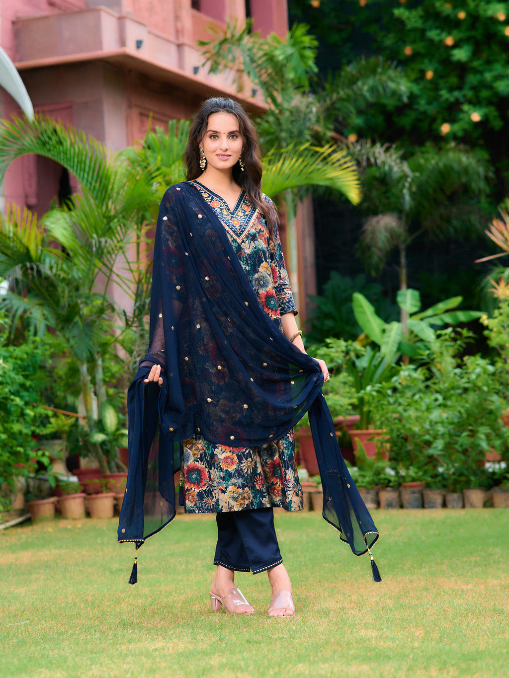 Embroidered & Floral Printed Kurta With Pant & Embroidered Dupatta, Navy Blue - Hiral Fashion | Grocsy