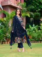 Embroidered & Floral Printed Kurta With Pant & Embroidered Dupatta, Navy Blue - Hiral Fashion | Grocsy