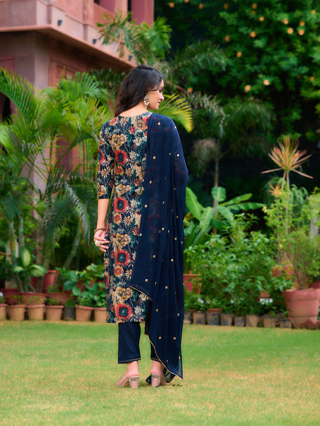 Embroidered & Floral Printed Kurta With Pant & Embroidered Dupatta, Navy Blue - Hiral Fashion | Grocsy