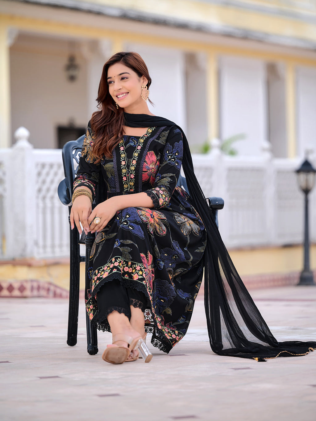 Floral Printed Embroidered Kurta With Pant & Dupatta, Black - Hiral Fashion | Grocsy
