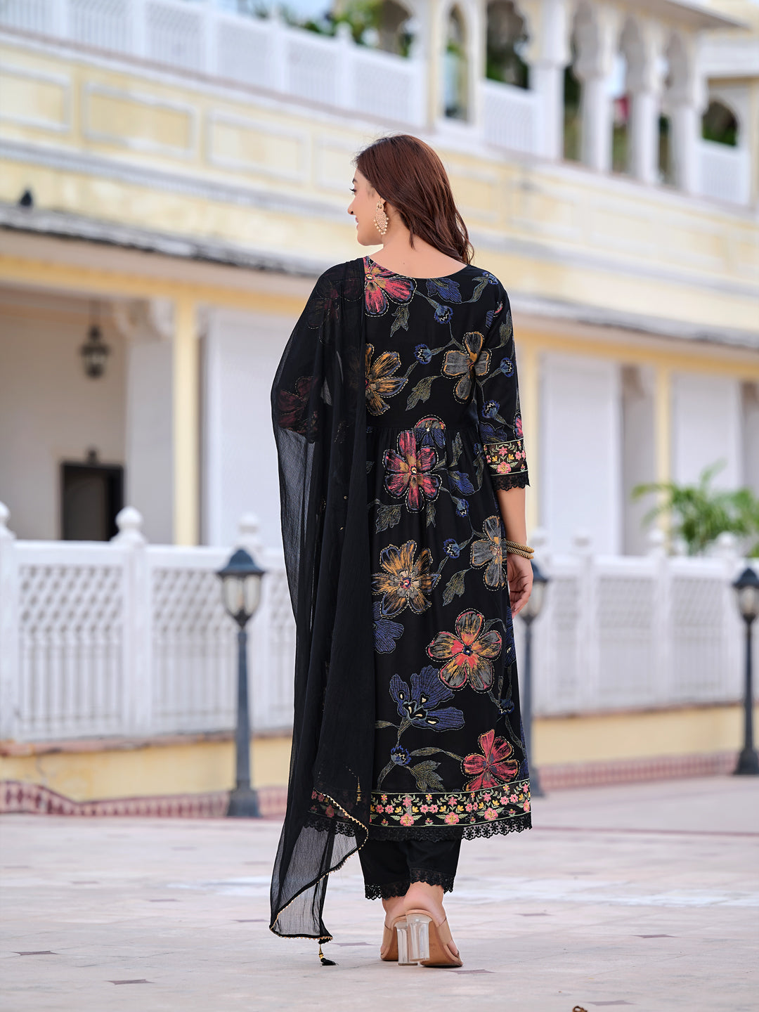 Floral Printed Embroidered Kurta With Pant & Dupatta, Black - Hiral Fashion | Grocsy
