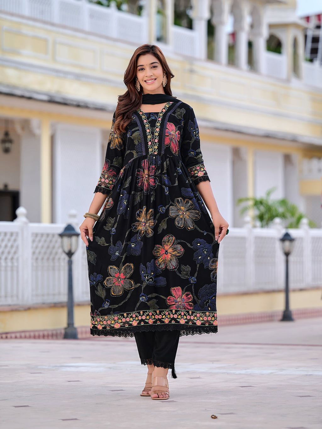 Floral Printed Embroidered Kurta With Pant & Dupatta, Black - Hiral Fashion | Grocsy