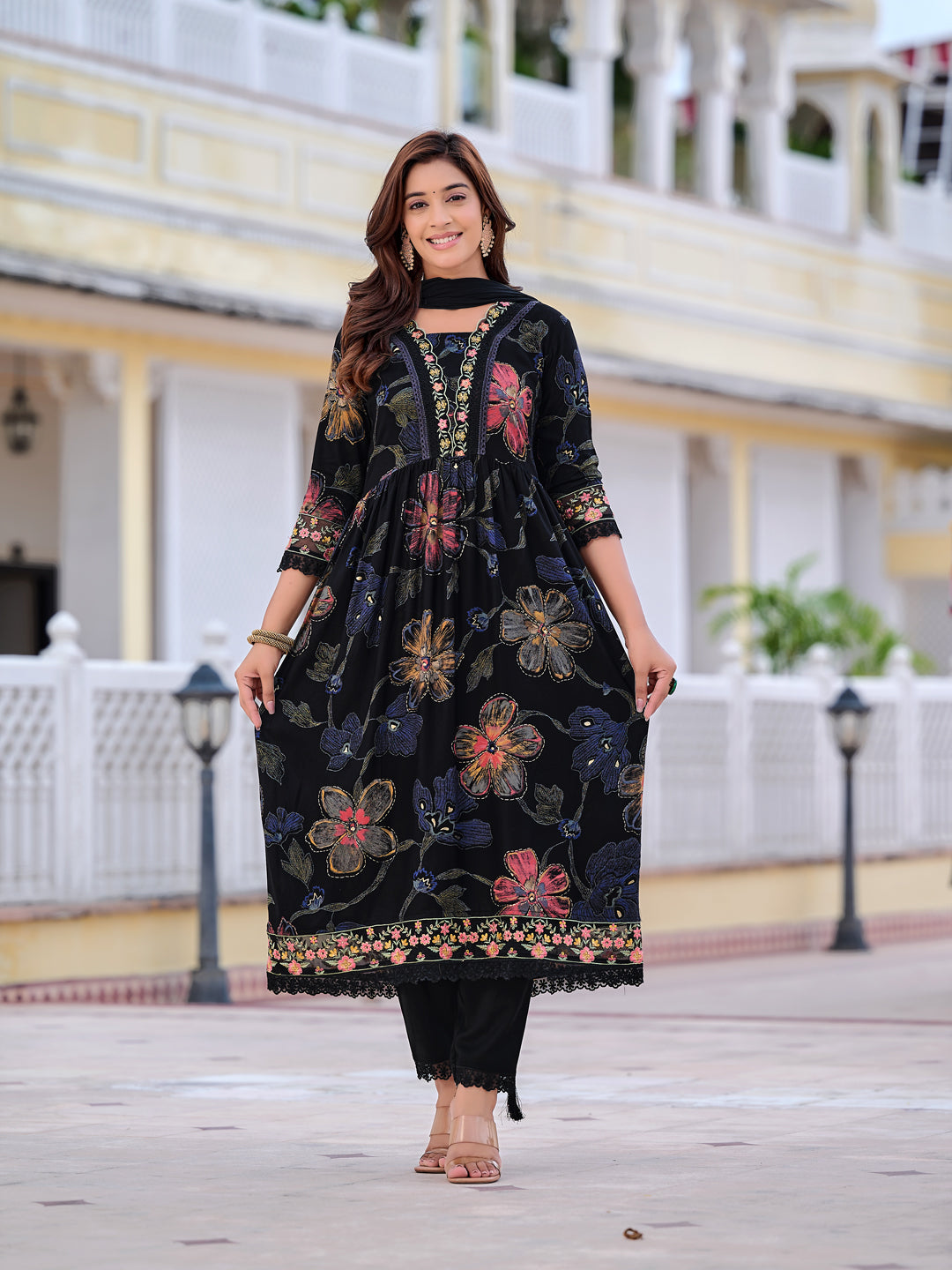 Floral Printed Embroidered Kurta With Pant & Dupatta, Black - Hiral Fashion | Grocsy