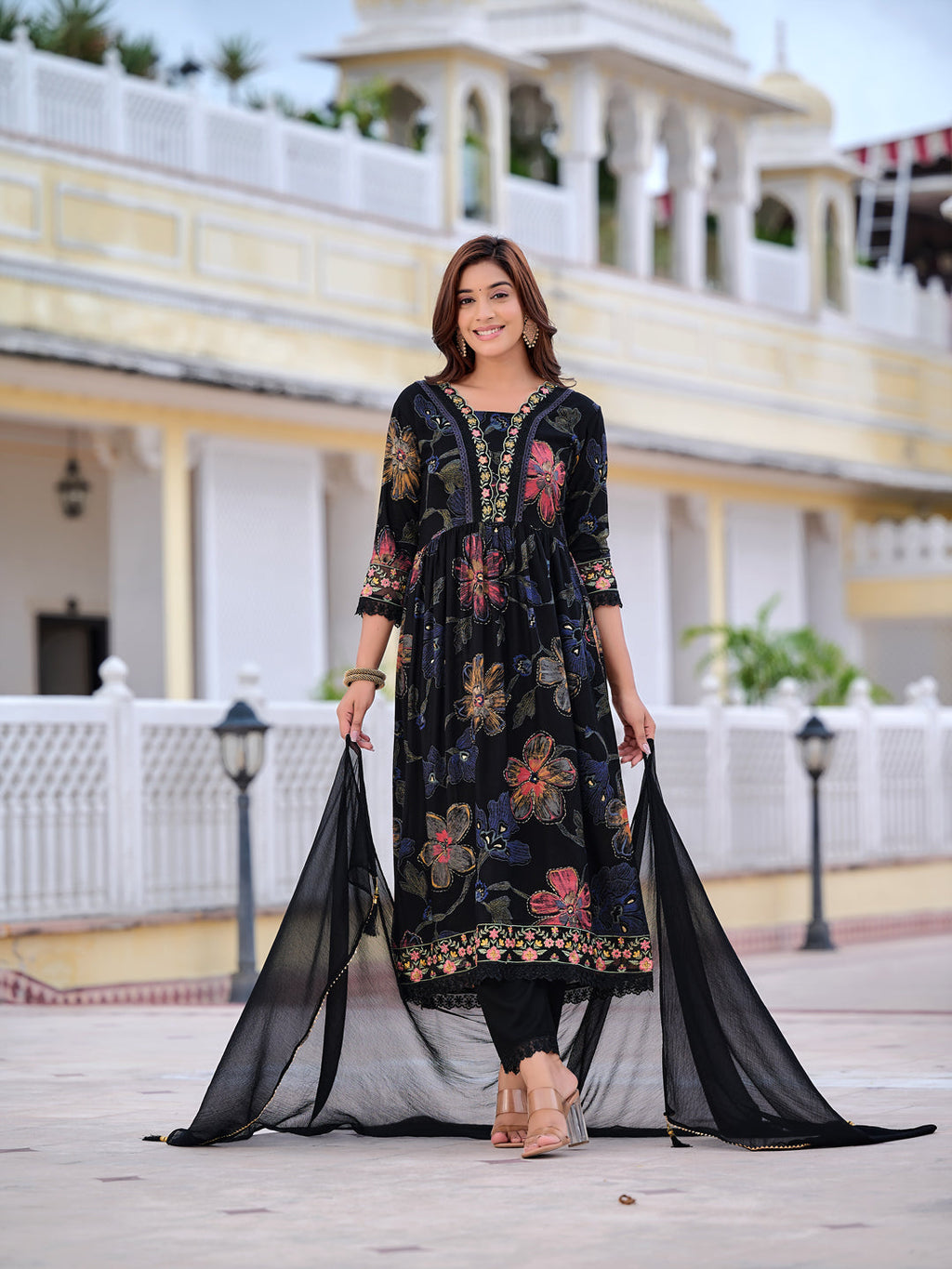 Floral Printed Embroidered Kurta With Pant & Dupatta, Black - Hiral Fashion | Grocsy