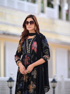 Floral Printed Embroidered Kurta With Pant & Dupatta, Black - Hiral Fashion | Grocsy