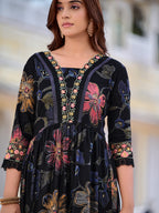 Floral Printed Embroidered Kurta With Pant & Dupatta, Black - Hiral Fashion | Grocsy