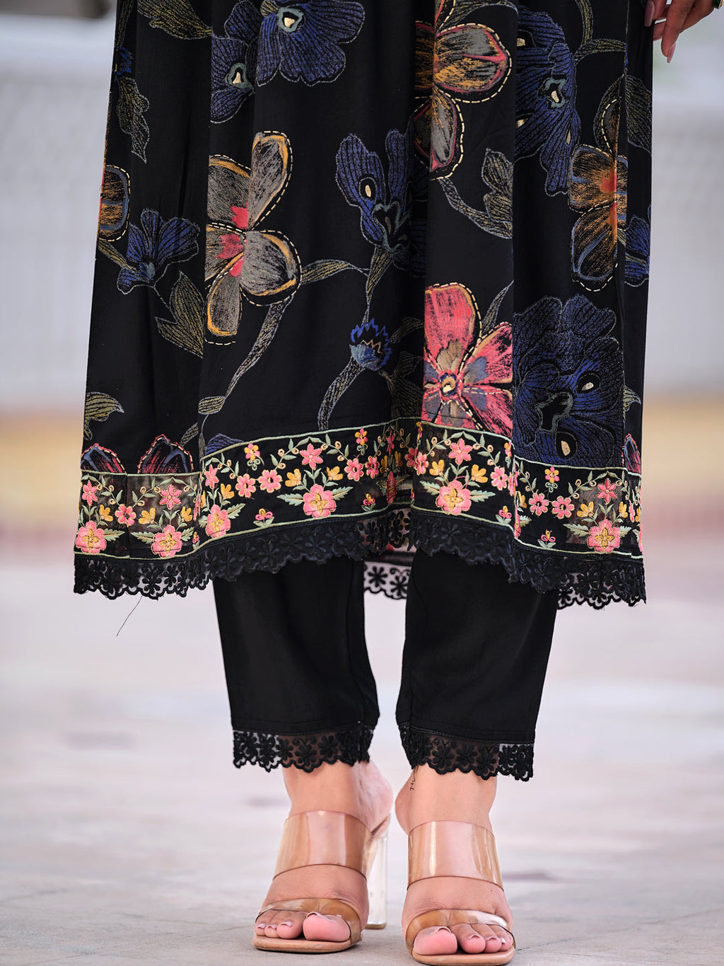 Floral Printed Embroidered Kurta With Pant & Dupatta, Black - Hiral Fashion | Grocsy