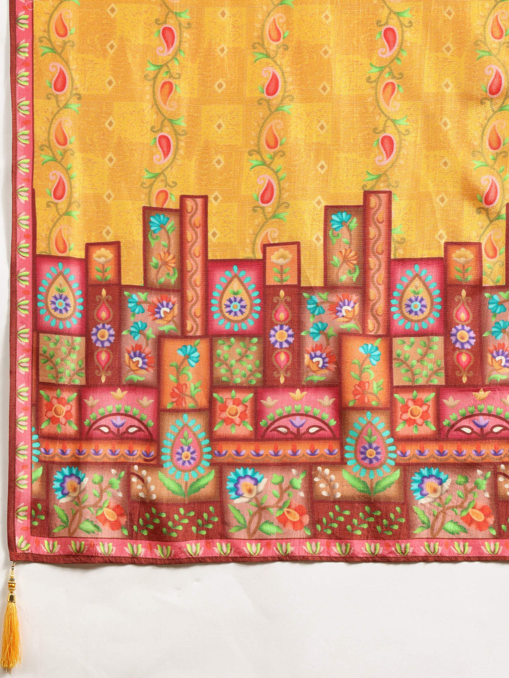 Hand Embroidered & Printed Pure Silk Kurta With Pant & Printed Dupatta, Mustard - Hiral Fashion | Grocsy