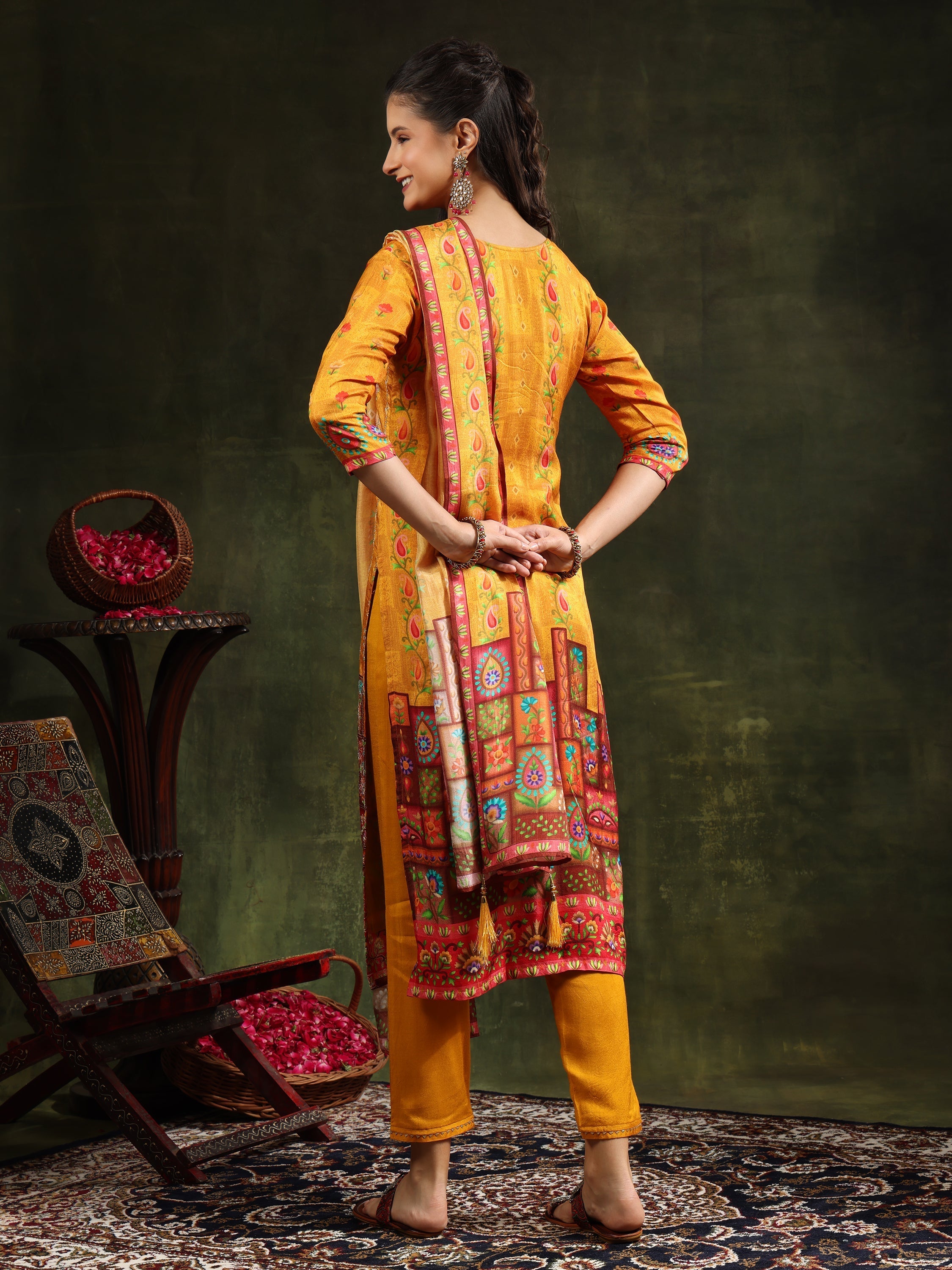 Hand Embroidered & Printed Pure Silk Kurta With Pant & Printed Dupatta, Mustard - Hiral Fashion | Grocsy