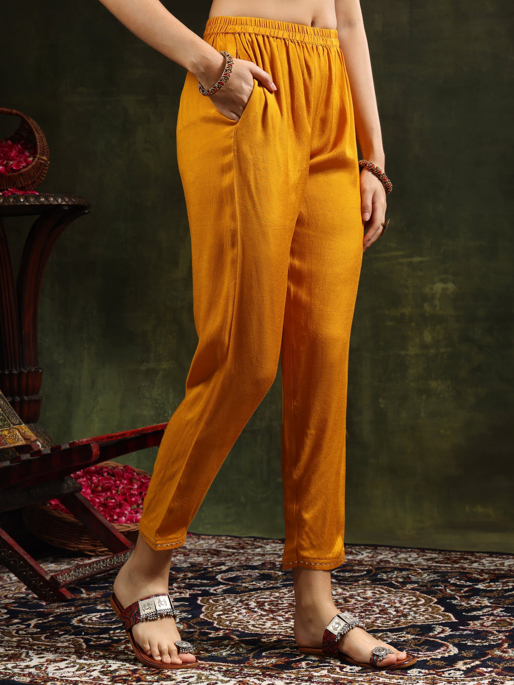 Hand Embroidered & Printed Pure Silk Kurta With Pant & Printed Dupatta, Mustard - Hiral Fashion | Grocsy