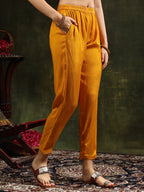 Hand Embroidered & Printed Pure Silk Kurta With Pant & Printed Dupatta, Mustard - Hiral Fashion | Grocsy