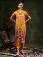 Hand Embroidered & Printed Pure Silk Kurta With Pant & Printed Dupatta, Mustard - Hiral Fashion | Grocsy
