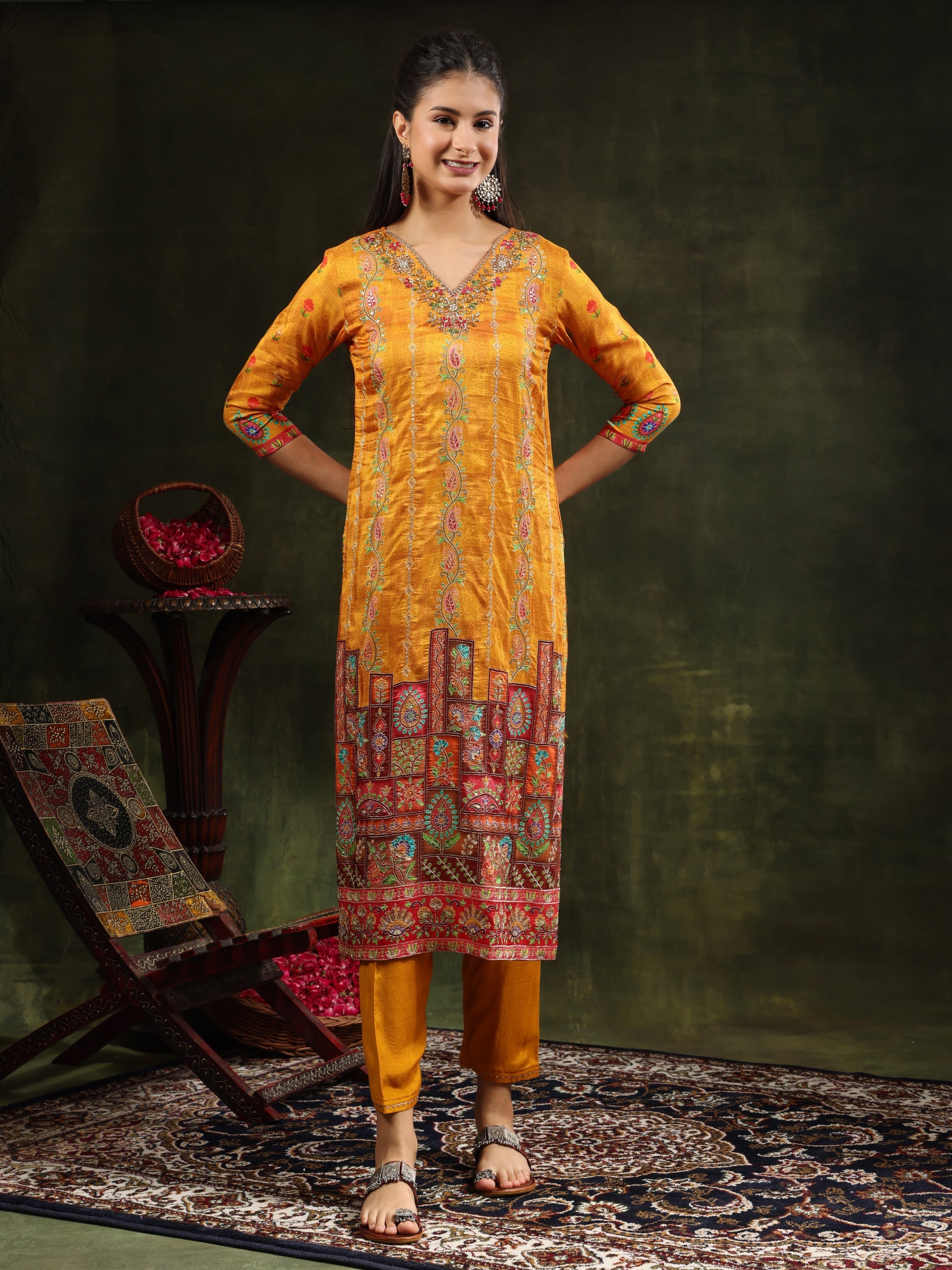 Hand Embroidered & Printed Pure Silk Kurta With Pant & Printed Dupatta, Mustard - Hiral Fashion | Grocsy