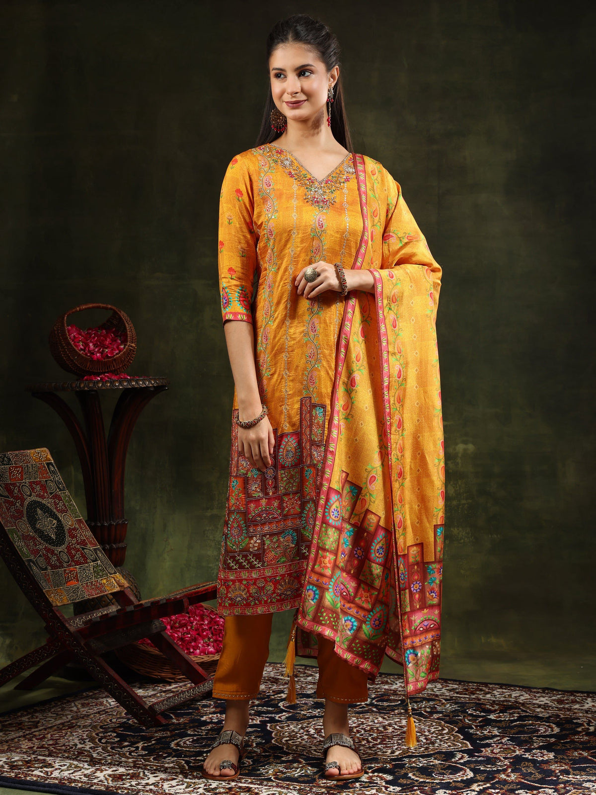 Hand Embroidered & Printed Pure Silk Kurta With Pant & Printed Dupatta, Mustard - Hiral Fashion | Grocsy