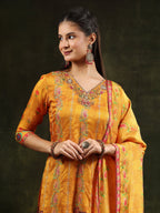 Hand Embroidered & Printed Pure Silk Kurta With Pant & Printed Dupatta, Mustard - Hiral Fashion | Grocsy