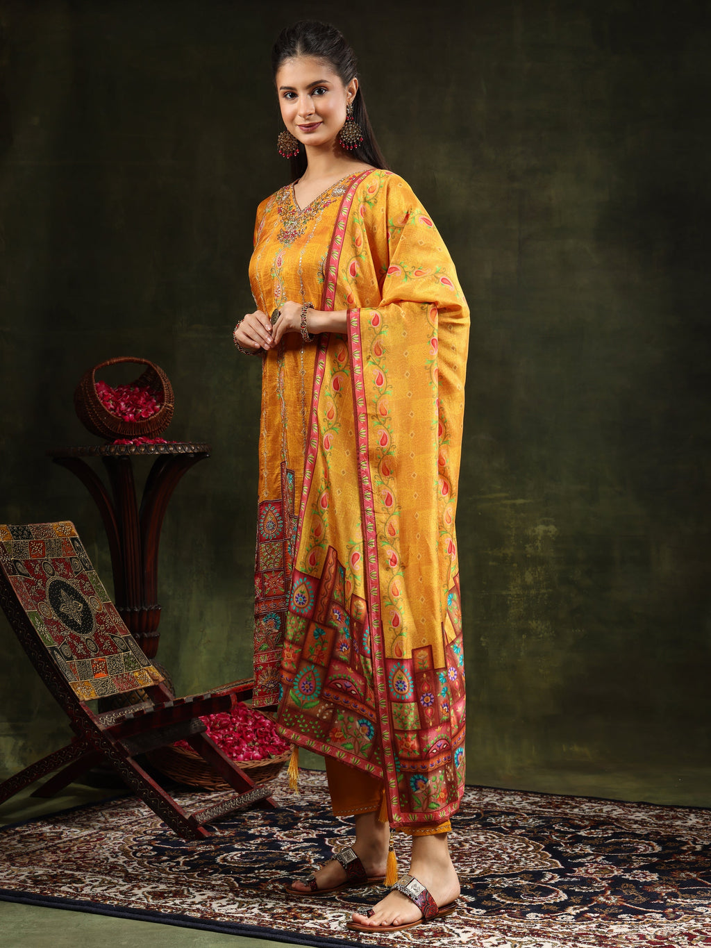 Hand Embroidered & Printed Pure Silk Kurta With Pant & Printed Dupatta, Mustard - Hiral Fashion | Grocsy