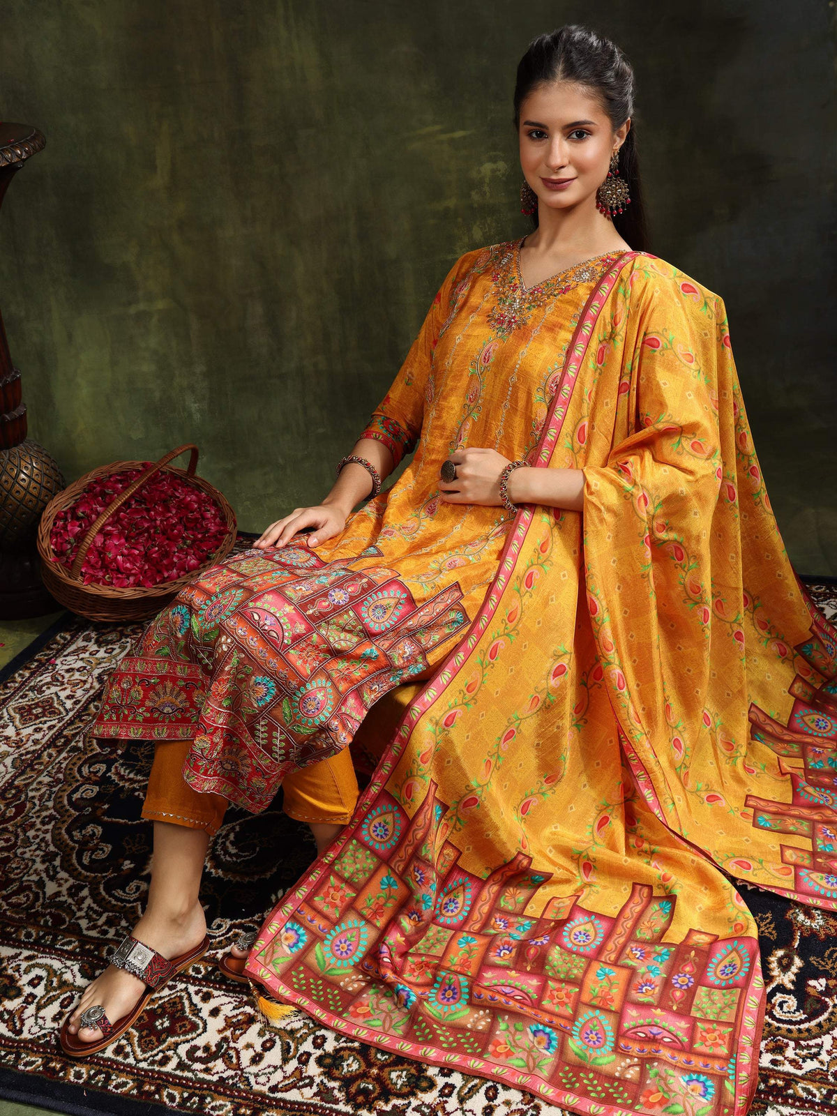 Hand Embroidered & Printed Pure Silk Kurta With Pant & Printed Dupatta, Mustard - Hiral Fashion | Grocsy