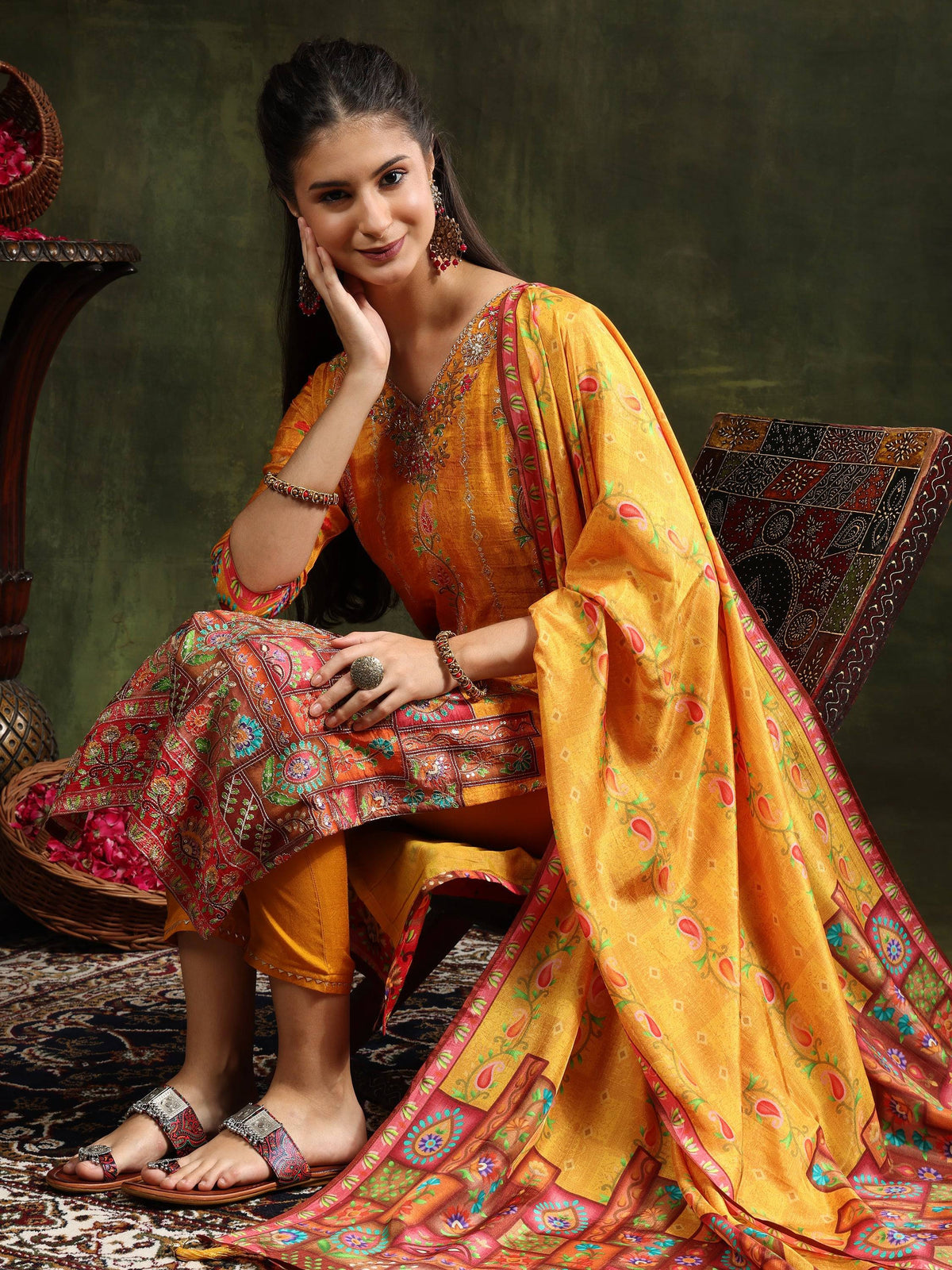 Hand Embroidered & Printed Pure Silk Kurta With Pant & Printed Dupatta, Mustard - Hiral Fashion | Grocsy