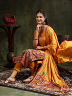 Hand Embroidered & Printed Pure Silk Kurta With Pant & Printed Dupatta, Mustard - Hiral Fashion | Grocsy