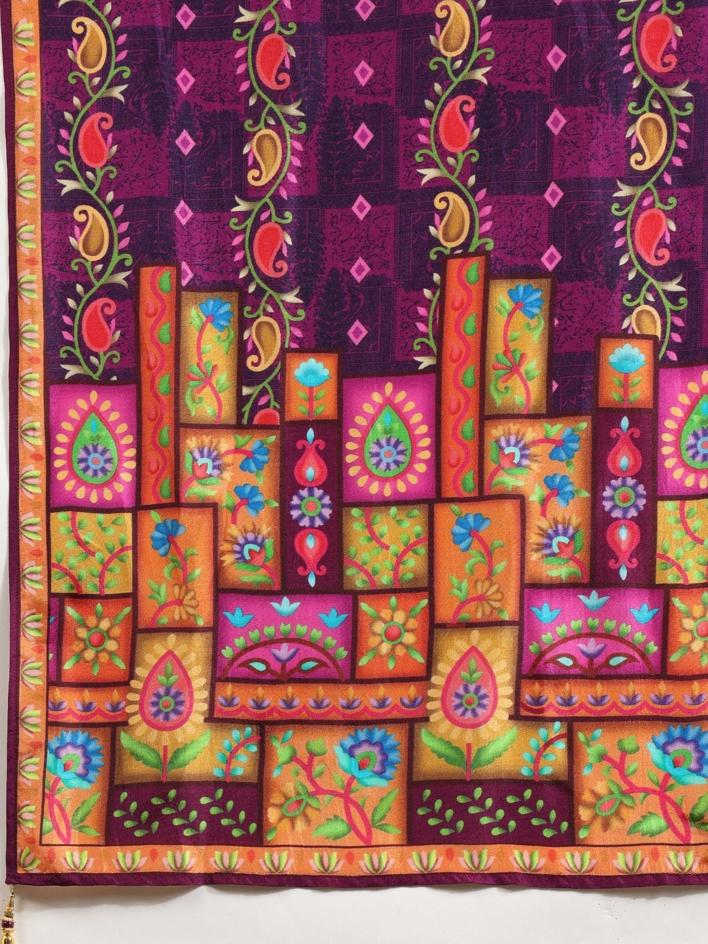 Hand Embroidered & Printed Pure Silk Kurta With Pant & Printed Dupatta, Purple - Hiral Fashion | Grocsy