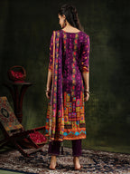 Hand Embroidered & Printed Pure Silk Kurta With Pant & Printed Dupatta, Purple - Hiral Fashion | Grocsy