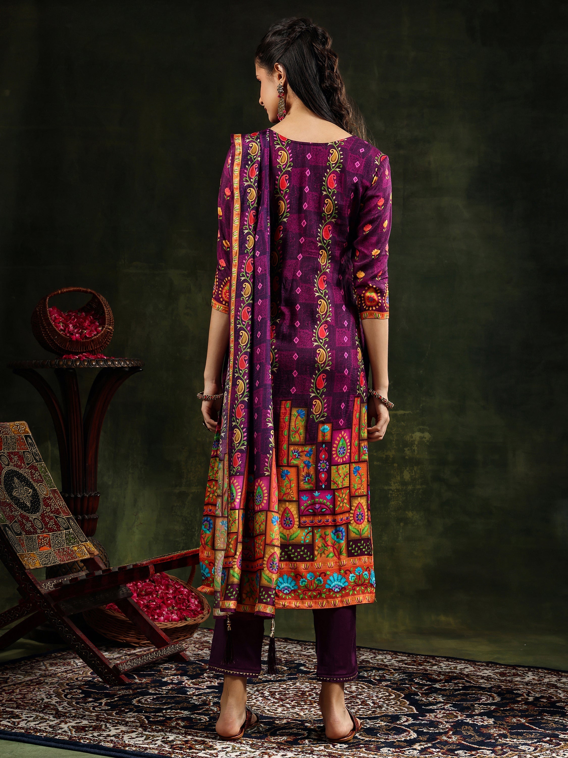 Hand Embroidered & Printed Pure Silk Kurta With Pant & Printed Dupatta, Purple - Hiral Fashion | Grocsy