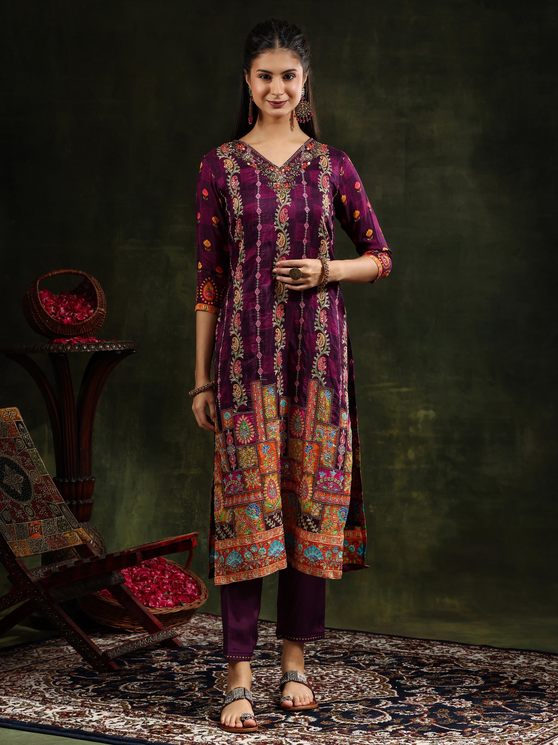 Hand Embroidered & Printed Pure Silk Kurta With Pant & Printed Dupatta, Purple - Hiral Fashion | Grocsy