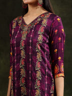 Hand Embroidered & Printed Pure Silk Kurta With Pant & Printed Dupatta, Purple - Hiral Fashion | Grocsy