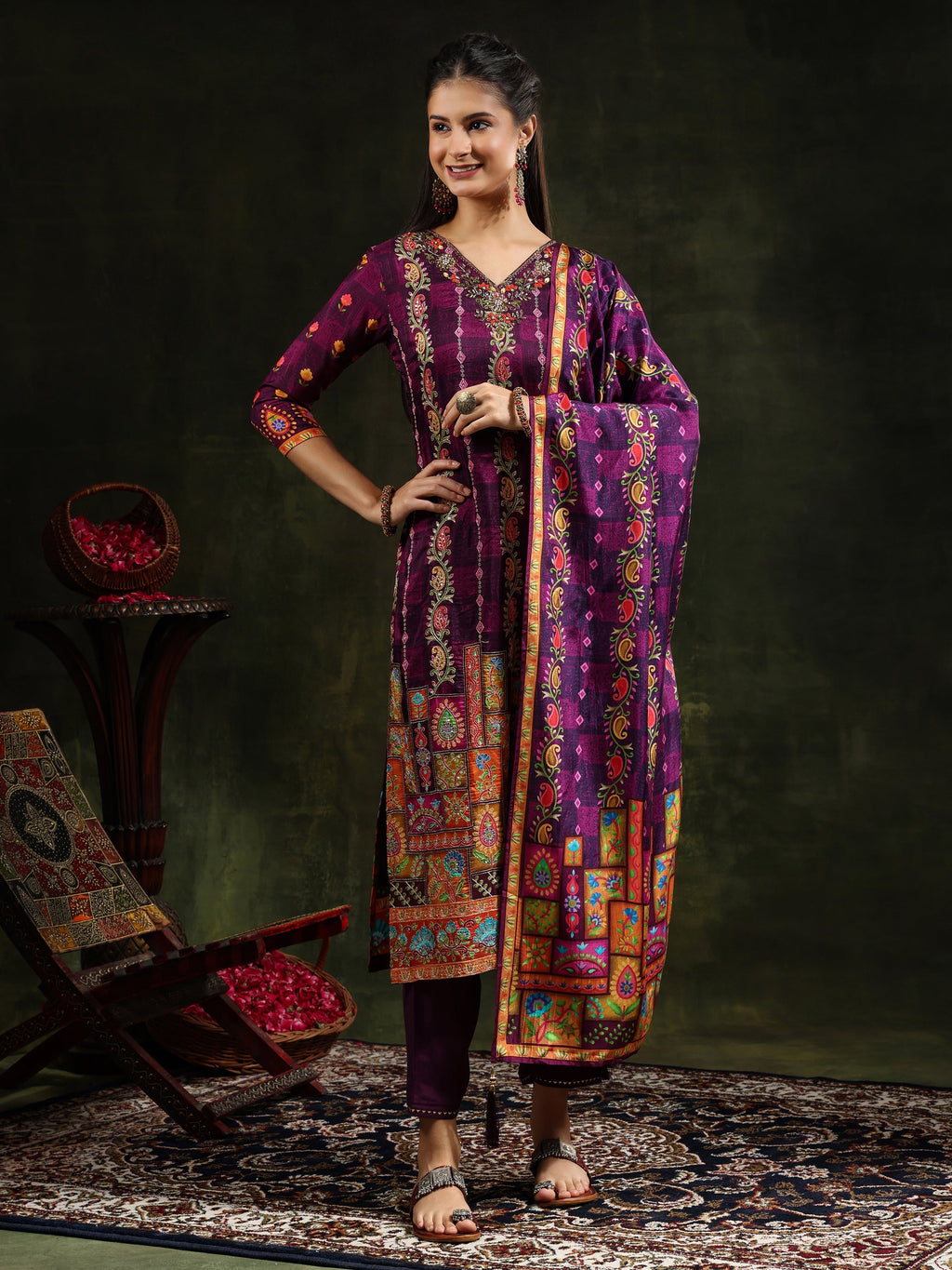 Hand Embroidered & Printed Pure Silk Kurta With Pant & Printed Dupatta, Purple - Hiral Fashion | Grocsy