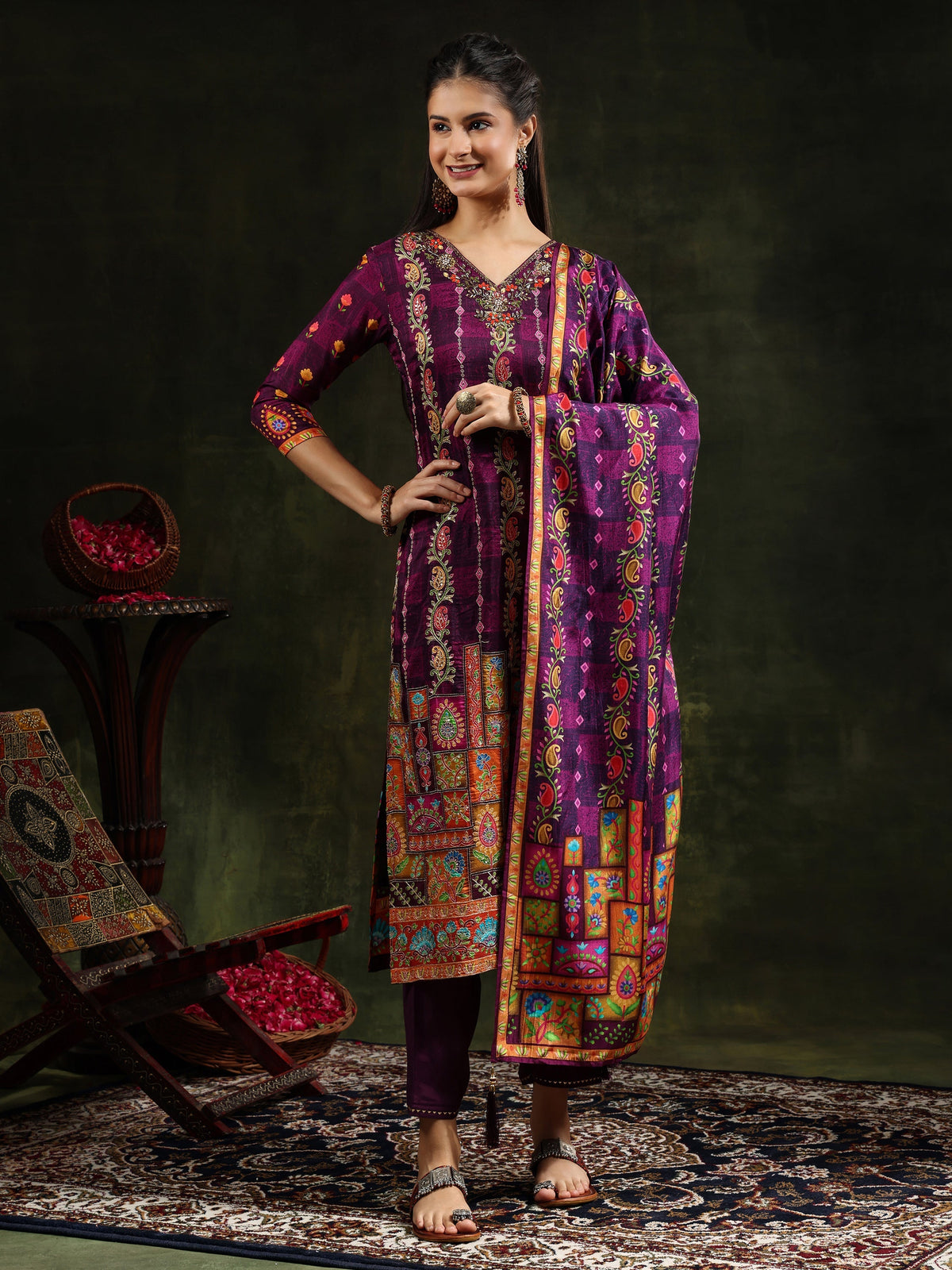 Hand Embroidered & Printed Pure Silk Kurta With Pant & Printed Dupatta, Purple - Hiral Fashion | Grocsy